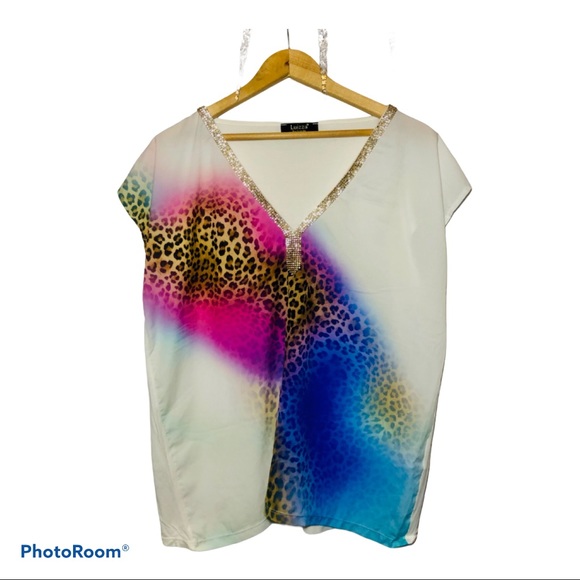 ✨TIE DYE LEOPARD PRINT SLEEVELESS SATIN BLOUSE - Picture 1 of 4